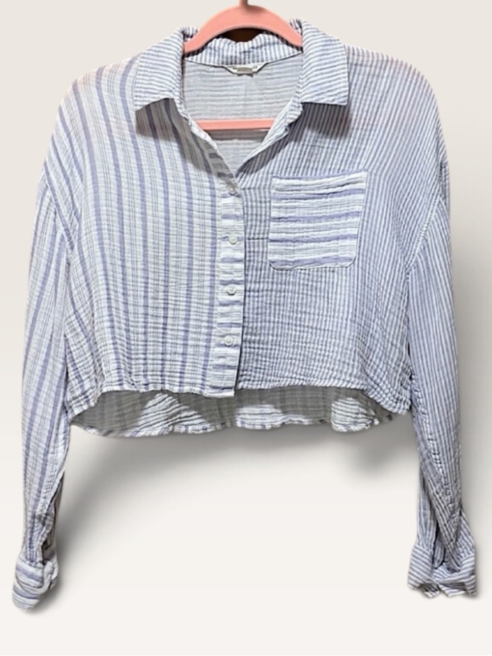 Aeropostale Blue White Striped Cotton Gauze Cropped Button Down Shirt S